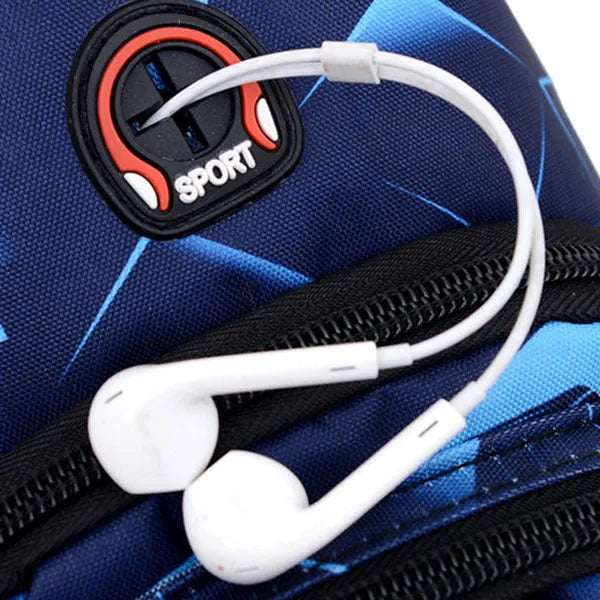 Men's blue crossbody sling bag with an earphone hole and zipper pocket.