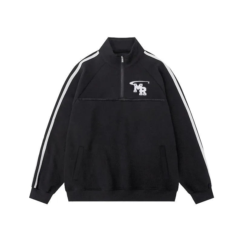Black Hong Kong style stand collar couple hoodie sweater on a hanger.
