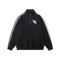 Black Hong Kong style stand collar couple hoodie sweater on a hanger.