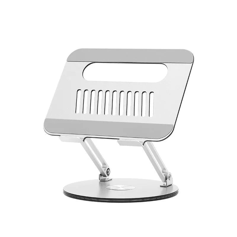 Silver aluminium laptop stand with height adjustment mechanism shown in folded and extended positions