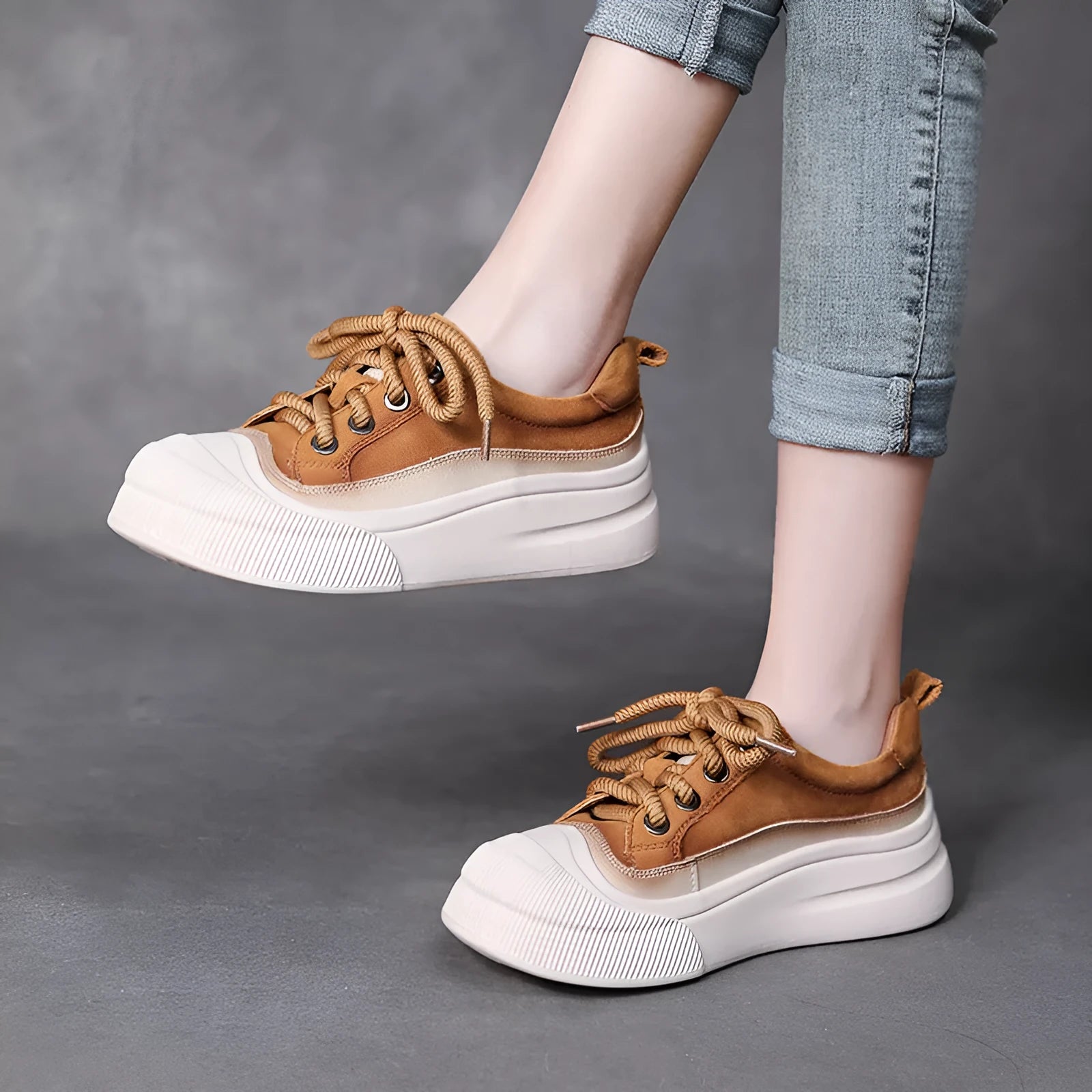 Women's yellow and brown cow leather lace-up casual shoes with round toe and rubber sole