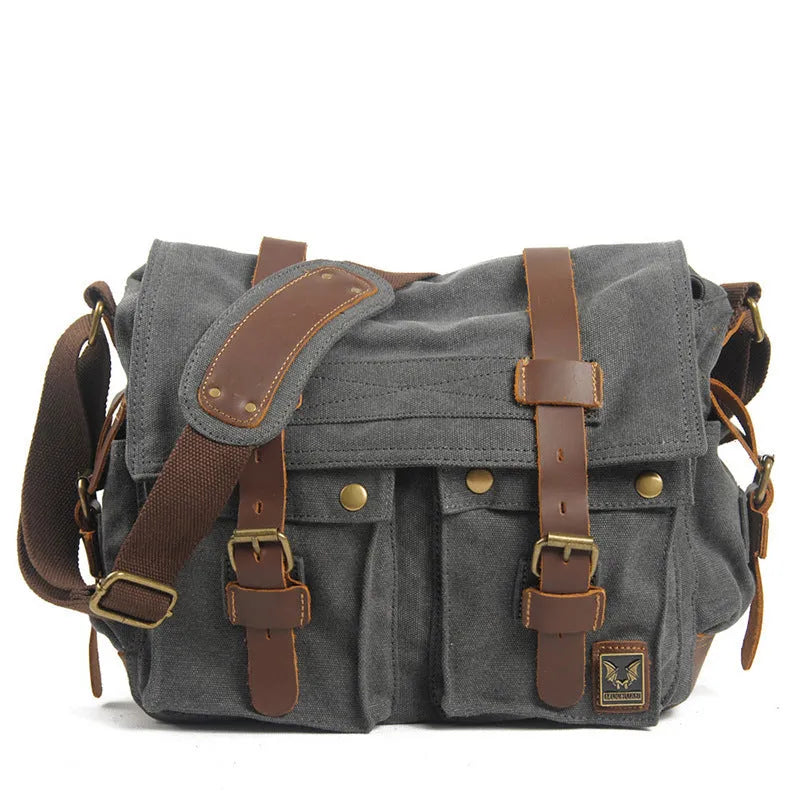 Men's retro canvas crossbody shoulder bag with flap closure and cowhide detailing in multiple colour options