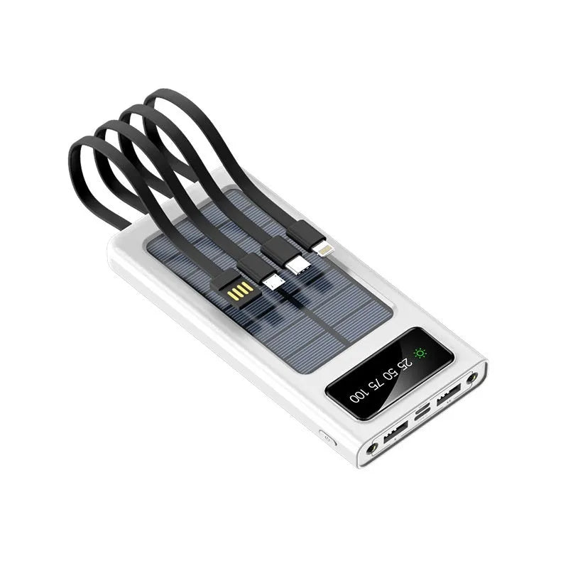 Black or white 20000mAh solar power bank with cable, showing creative design and portable size