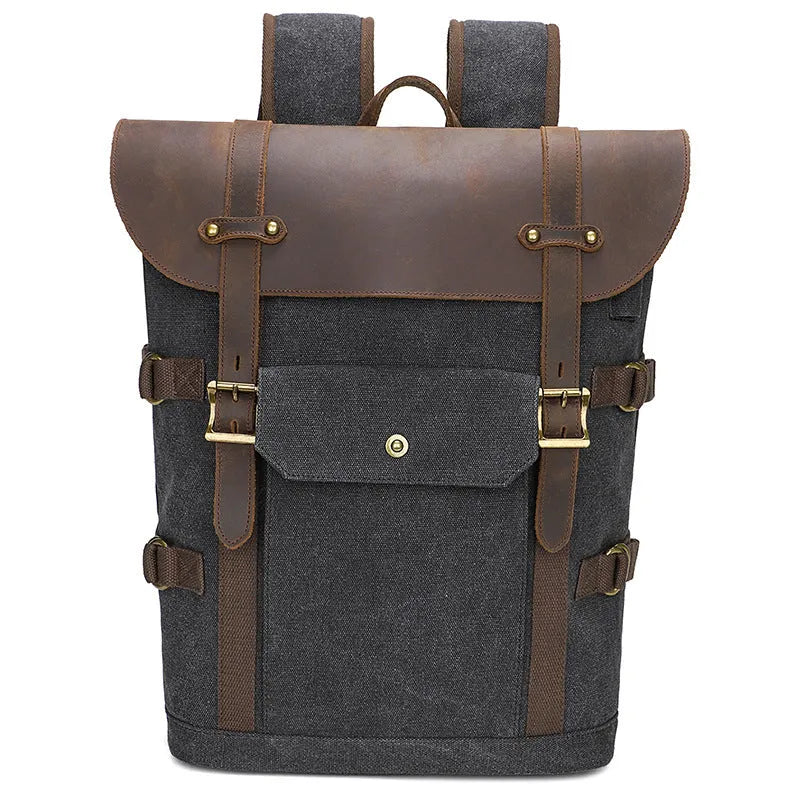 Solid colour canvas computer backpack with USB charging port and curved shoulder straps