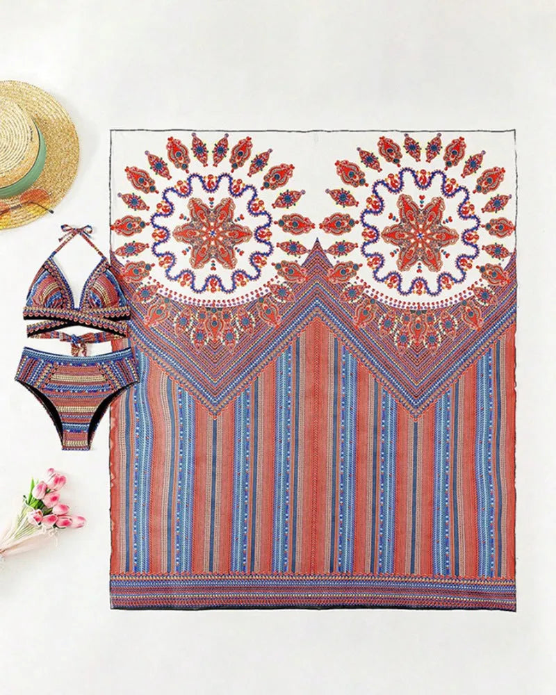 Women's three-piece split-style swimsuit set with high-waisted briefs and a cover-up coat