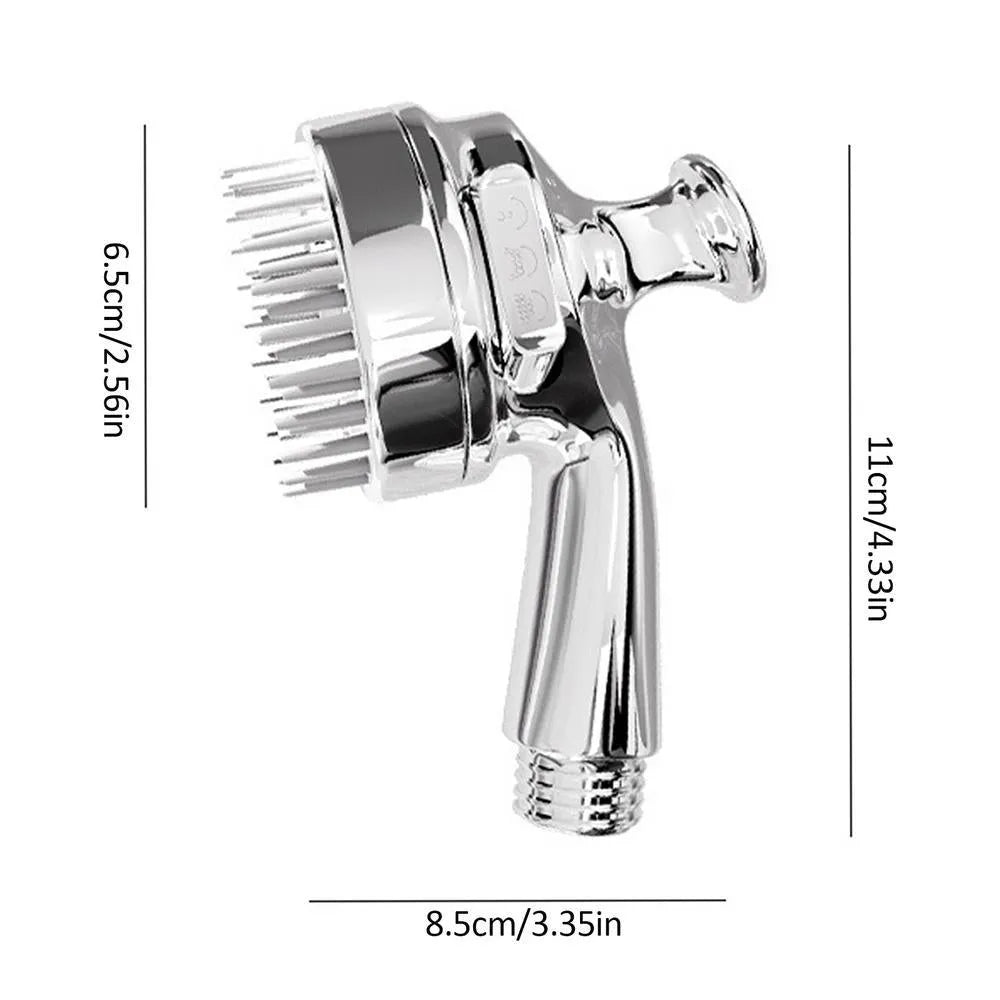 Silver coloured dog shower attachment with ergonomic grip and soft silicone comb teeth.