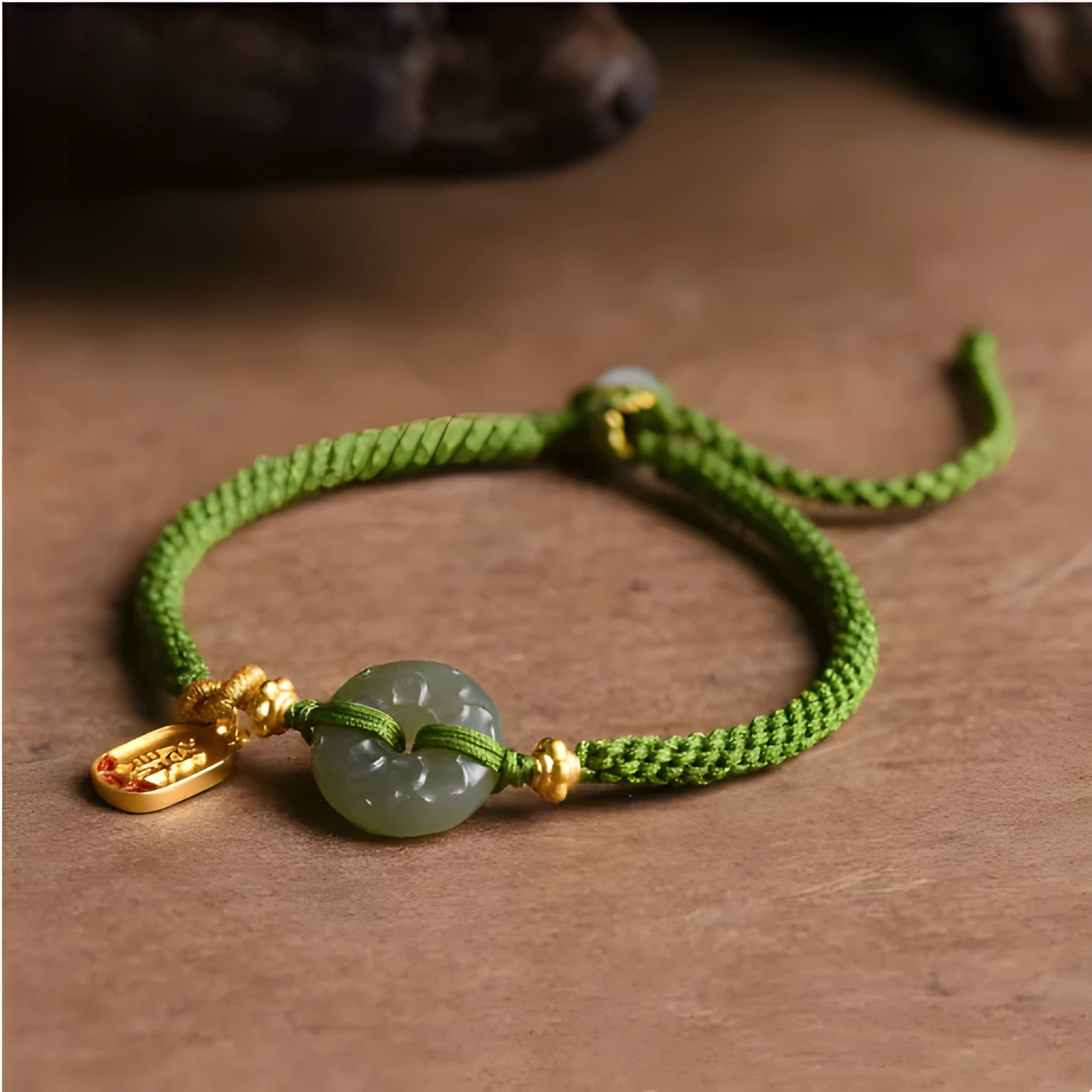 Green rope bracelet with Hetian jade peace buckle fastener, traditional Chinese hand-woven construction