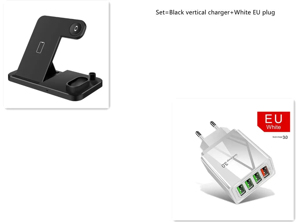 Black 4-in-1 wireless charging dock with phone on adjustable stand, Apple Watch, AirPods, and Apple Pencil charging simultaneously.
