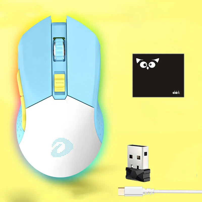 Lightweight wireless and wired game mouse with 7 keys and USB connector, available in multiple colours