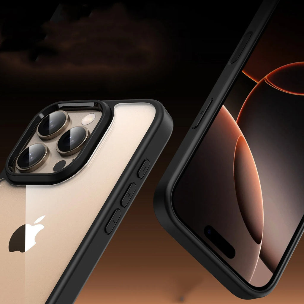 Black transparent magnetic iPhone 16 case with airbag corner protection