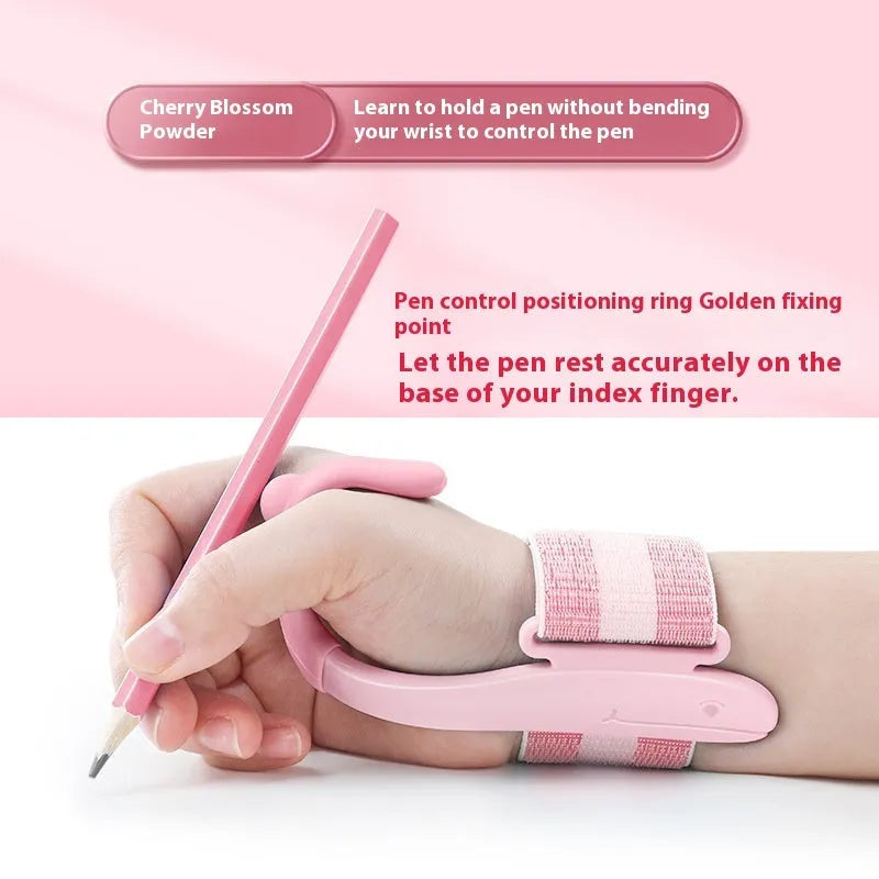 Blue and pink anti-hook wrist brace pen grip corrector for children's handwriting, made from white ABS nylon.