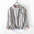 Men's linen striped shirt in loose fit with long sleeves showing red and grey colour options