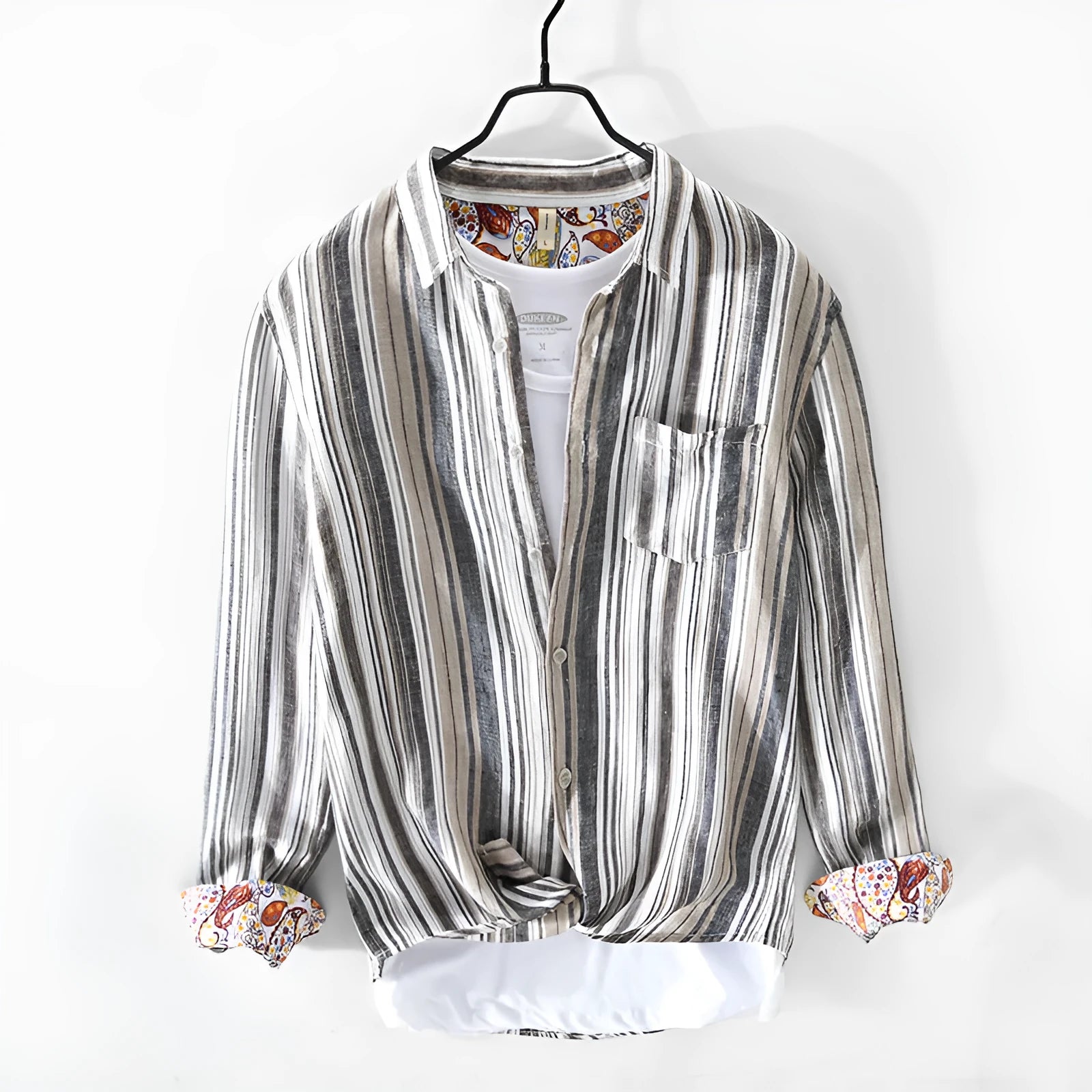 Men's linen striped shirt in loose fit with long sleeves showing red and grey colour options