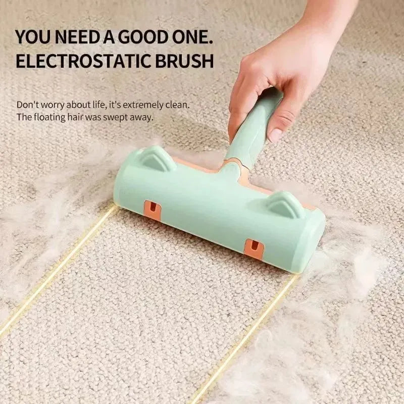 Two-way pet sticky hair roller brush with non-slip handle in gray or green for clothing and sofa cleaning