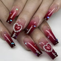 Wine red gradient fake nail tips with pearl heart plaid pattern in ballet style length