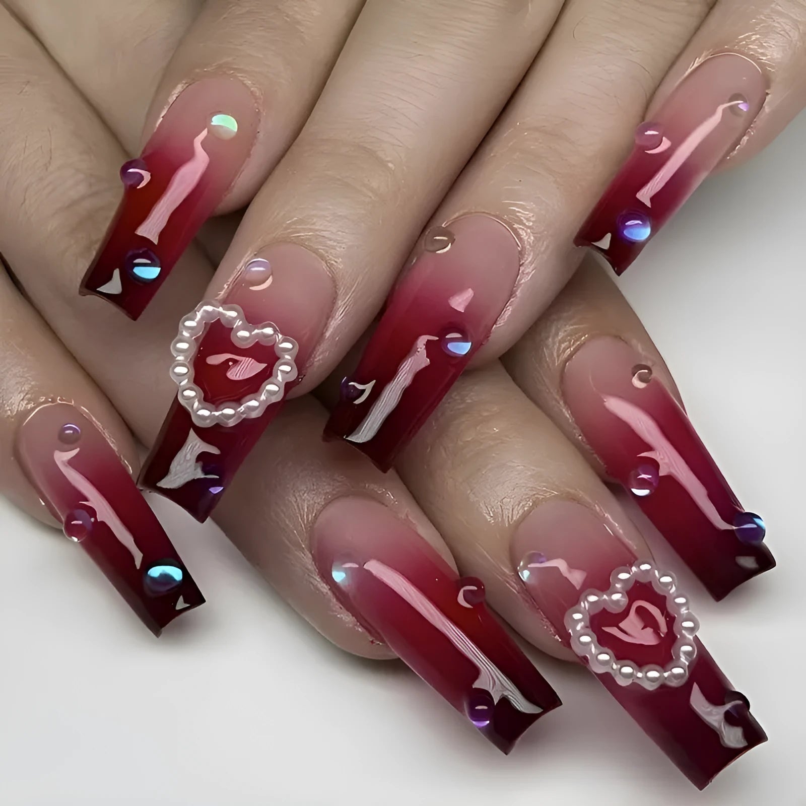 Wine red gradient fake nail tips with pearl heart plaid pattern in ballet style length
