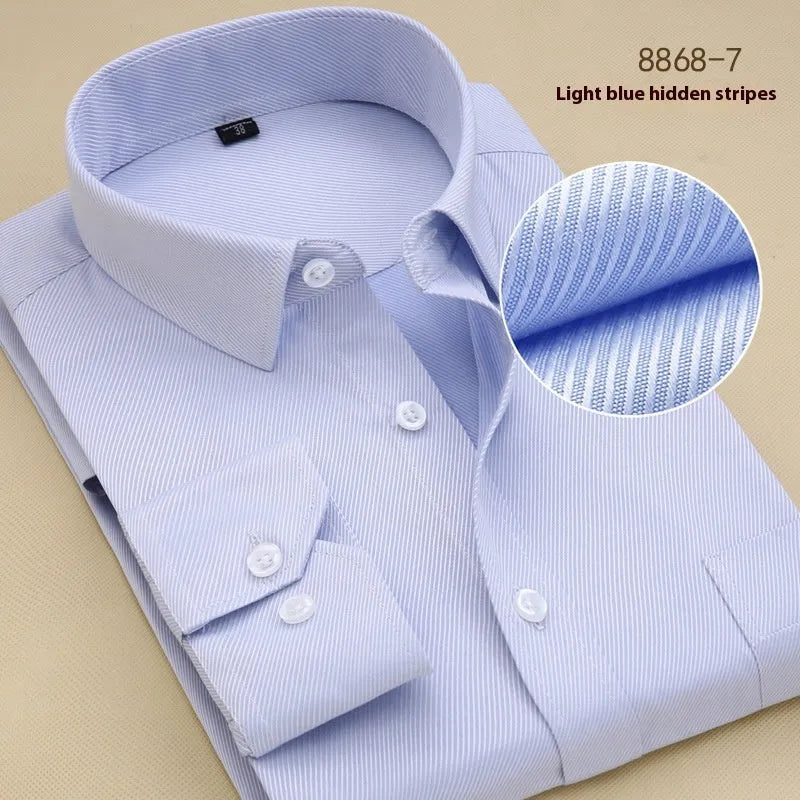 Men's black slim fit long sleeve business shirt made from cotton fabric.