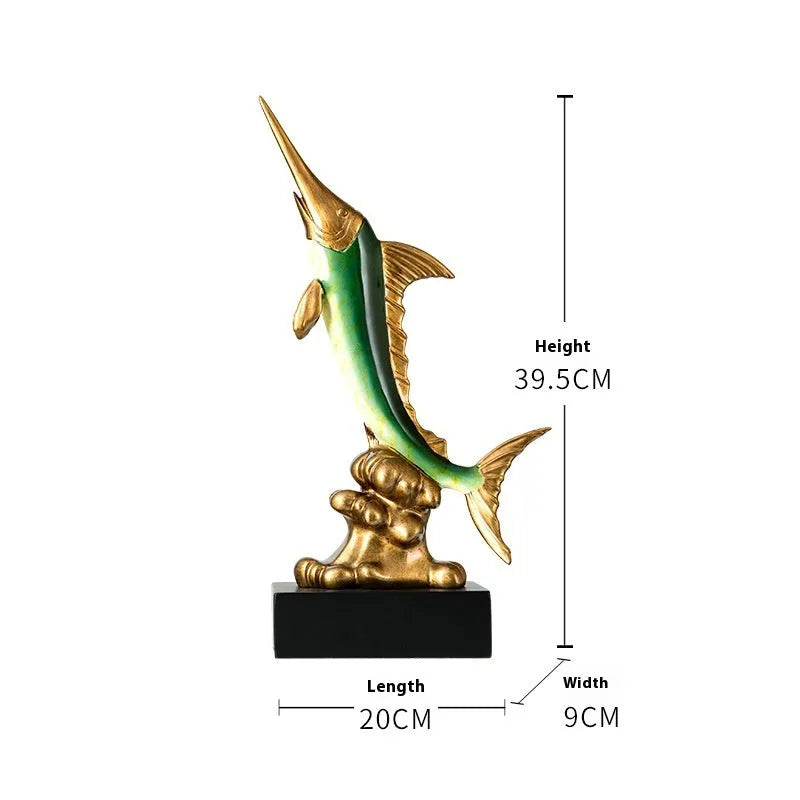 European-style resin swordfish decorative ornament in a choice of four colours on a shelf.