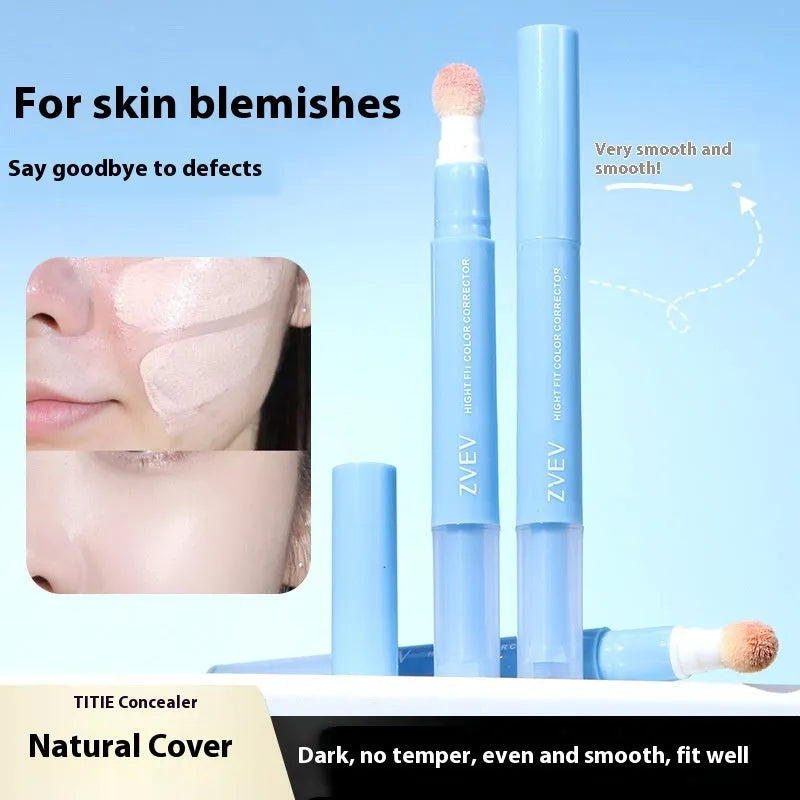 Concealer cream tube with sponge brush head applicator showing three colour shades