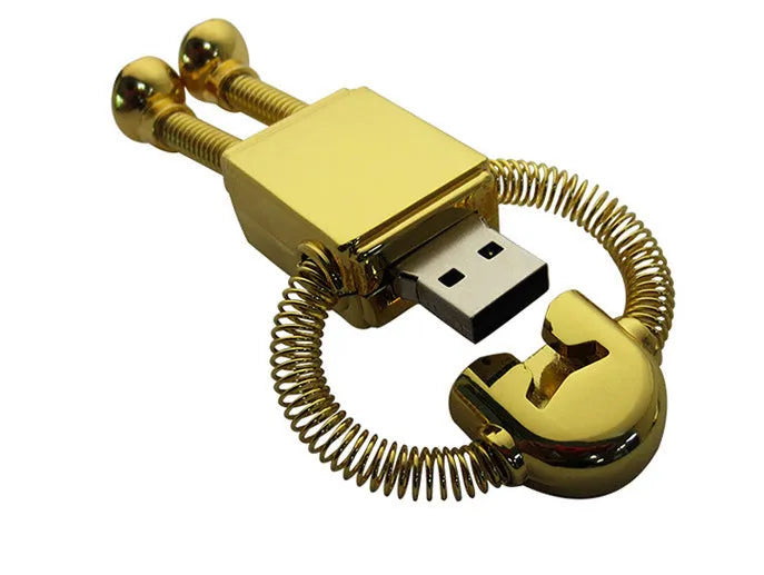 Metal robot U disk in zinc alloy with spring design, available in gold and silver colours