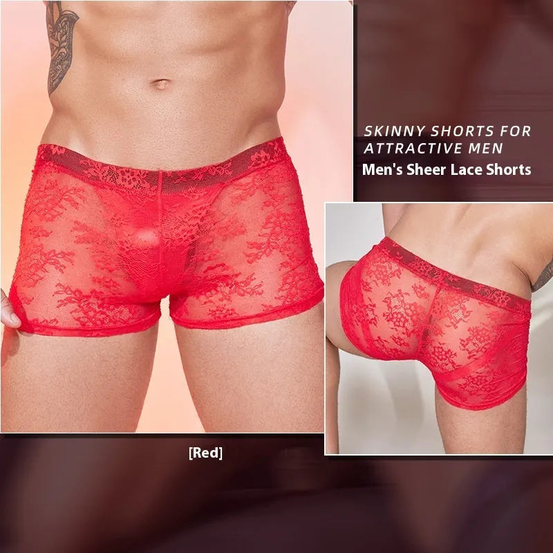 Nylon lace men's boxers in free size, shown in black, red, and white colours.