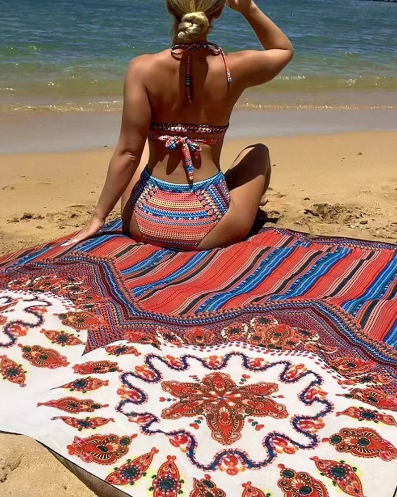 Women's three-piece split-style swimsuit set with high-waisted briefs and a cover-up coat