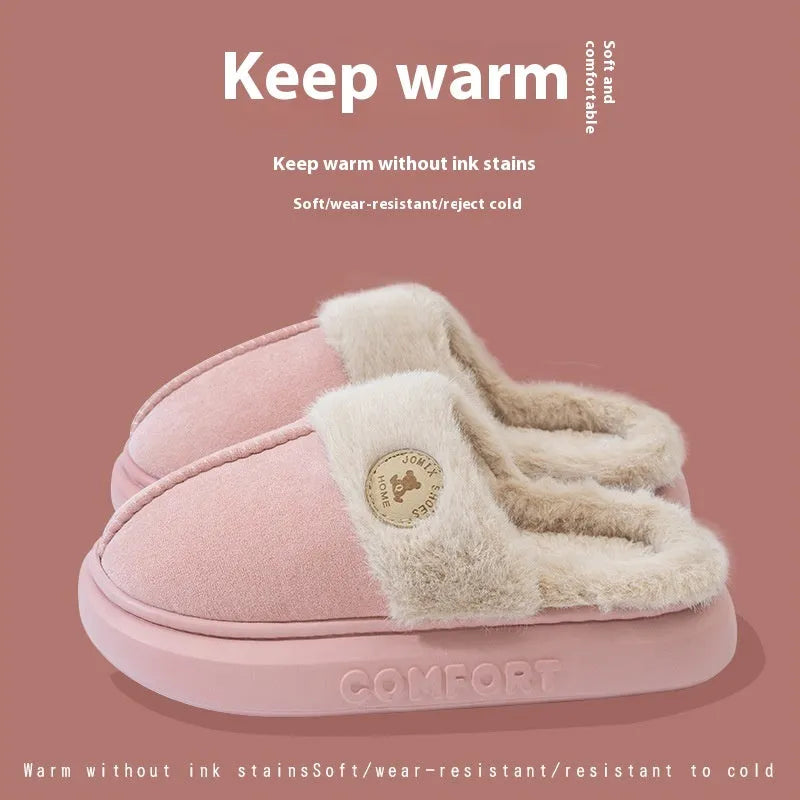 Plush fleece winter slipper with thick PVC sole, shown in khaki colour with car stitching detail.