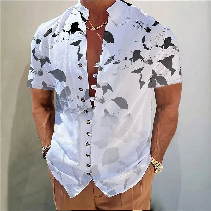 Short sleeve youth shirt with 3D printed geometric floral pattern on a cardigan-style front.