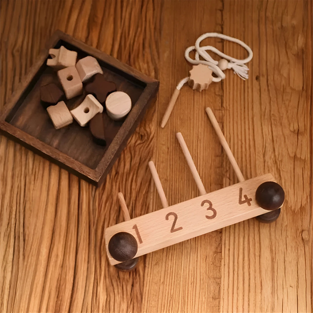 Wooden early learning toy set for children ages 4-6 with car cognitive toys and star moon threading toy on light background
