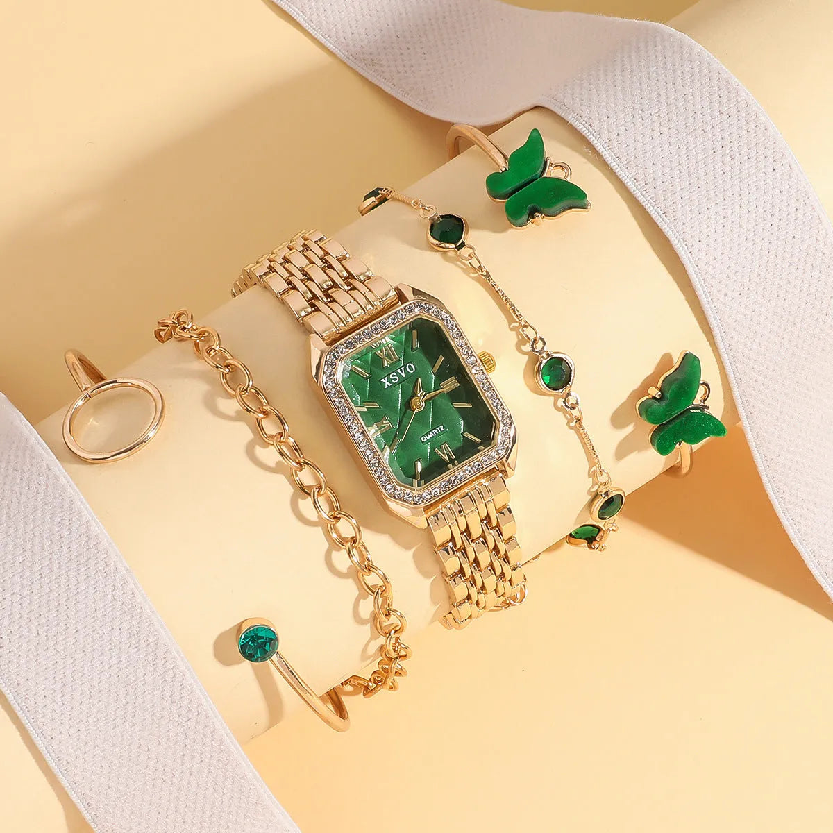 Gold Green square women's watch with alloy strap and four matching bracelets