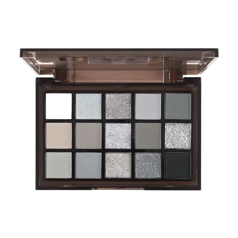 15 colour eyeshadow palette with smoky grey, black and brown shades for neutral skin
