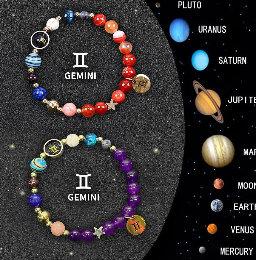 Two natural stone beaded bracelets laid out, representing a zodiac sign jewellery set.