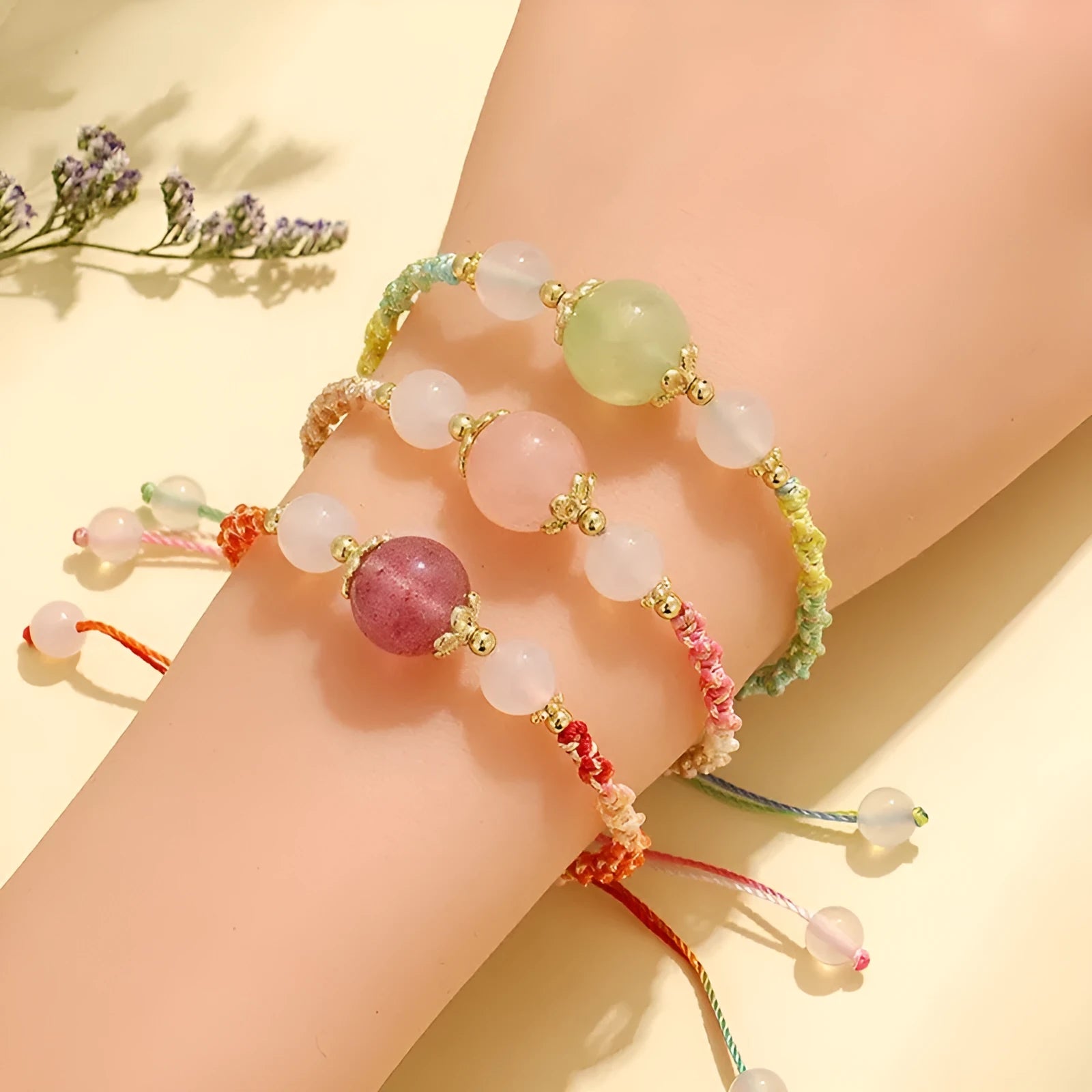Women's hand-woven couple bracelet with white agate and gemstone beads in three colour options with electroplated metal details