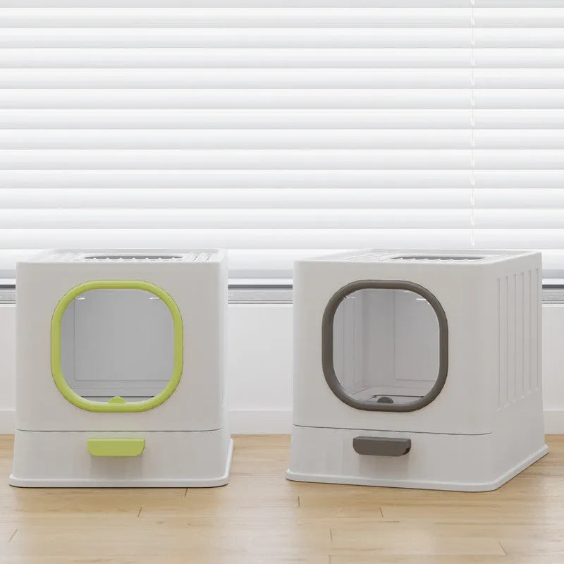Fully enclosed plastic folding cat litter box in avian green, 51x38x39cm, with top closure