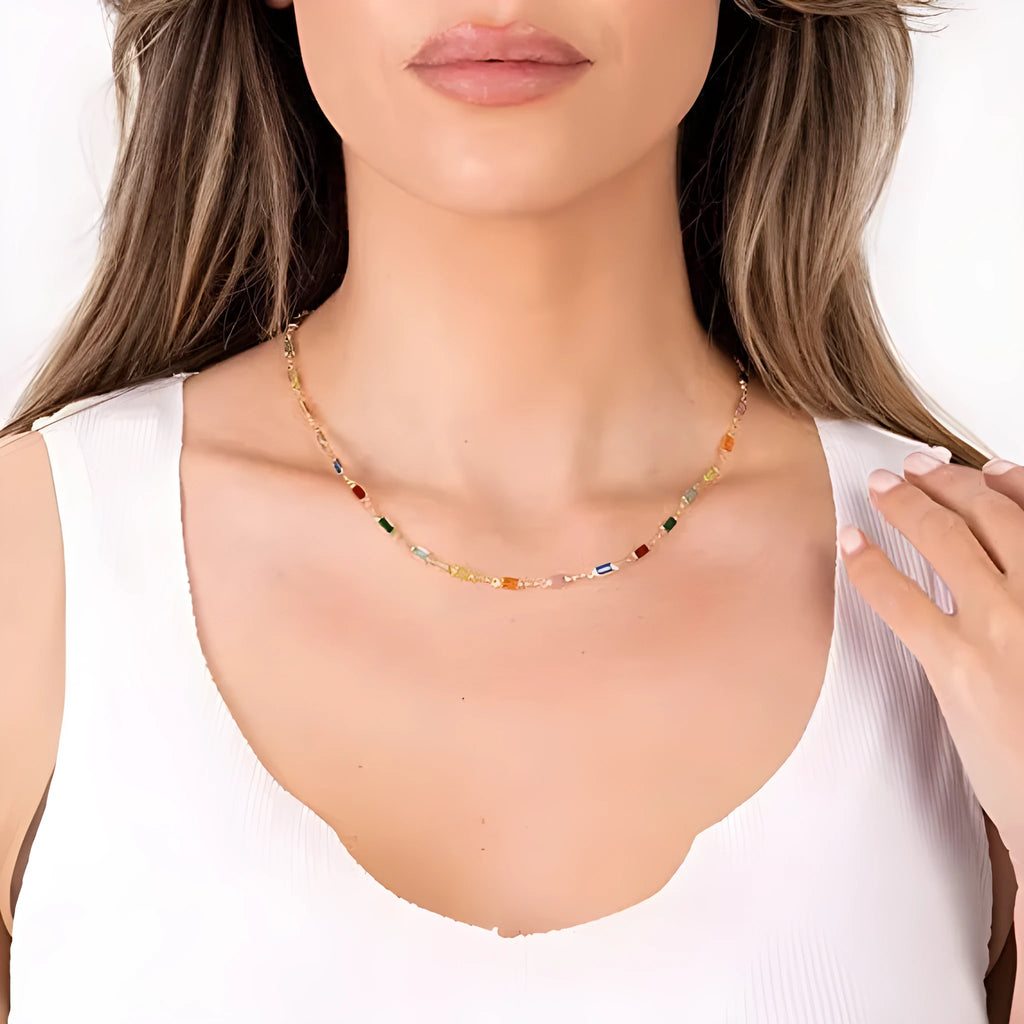 Geometric ladies alloy necklace with a random colour glaze centrepiece on a matching chain