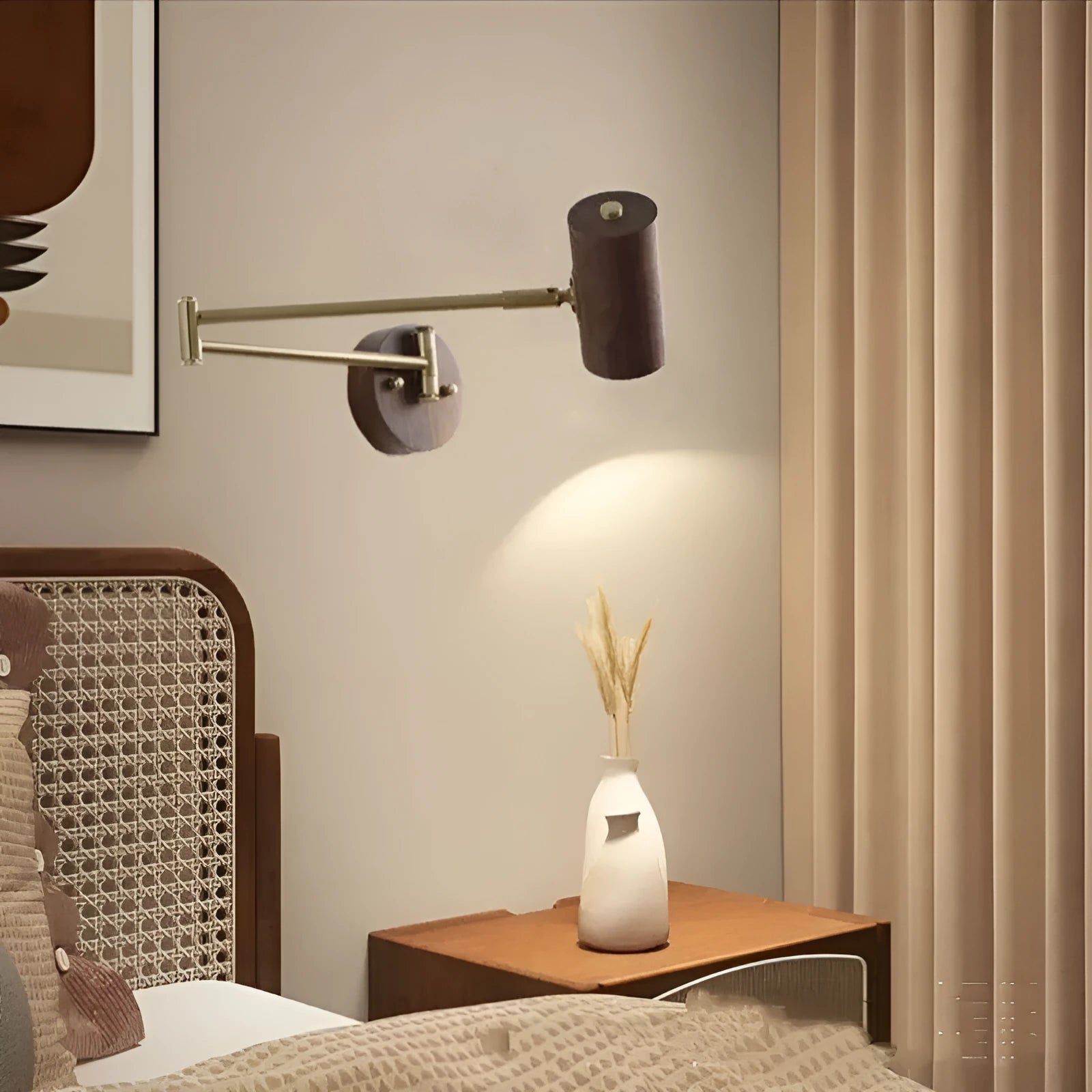 Retro-style long-arm wall spotlight with rotating head in walnut finish and a ribbon pull switch.