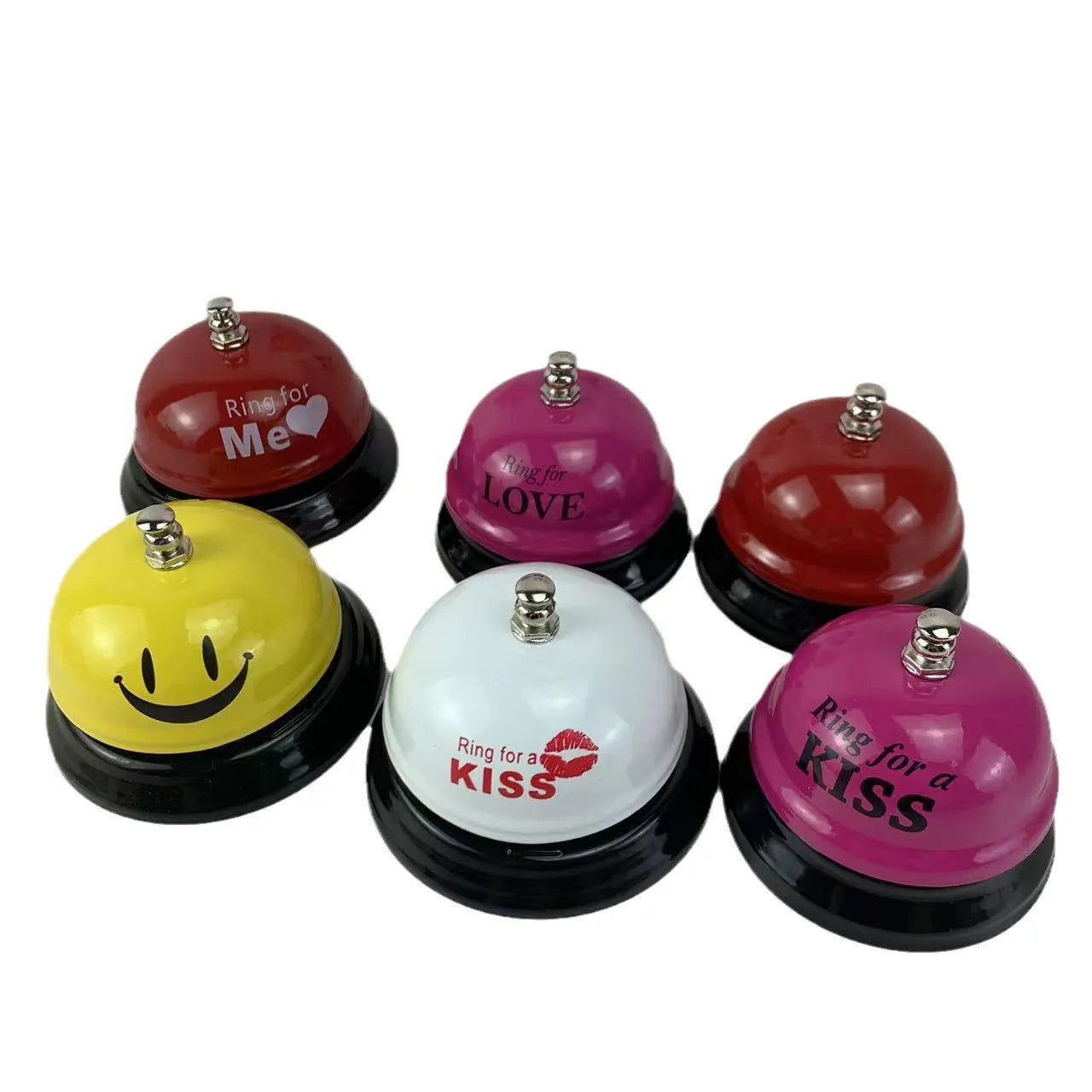 Iron game bell in assorted colours including red, blue, green, pink, and yellow for service or classroom use.
