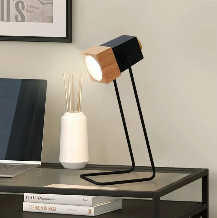7W LED desk lamp with rubber wood and iron art body, rotary and button switch, eye protection and anti-myopia functions.