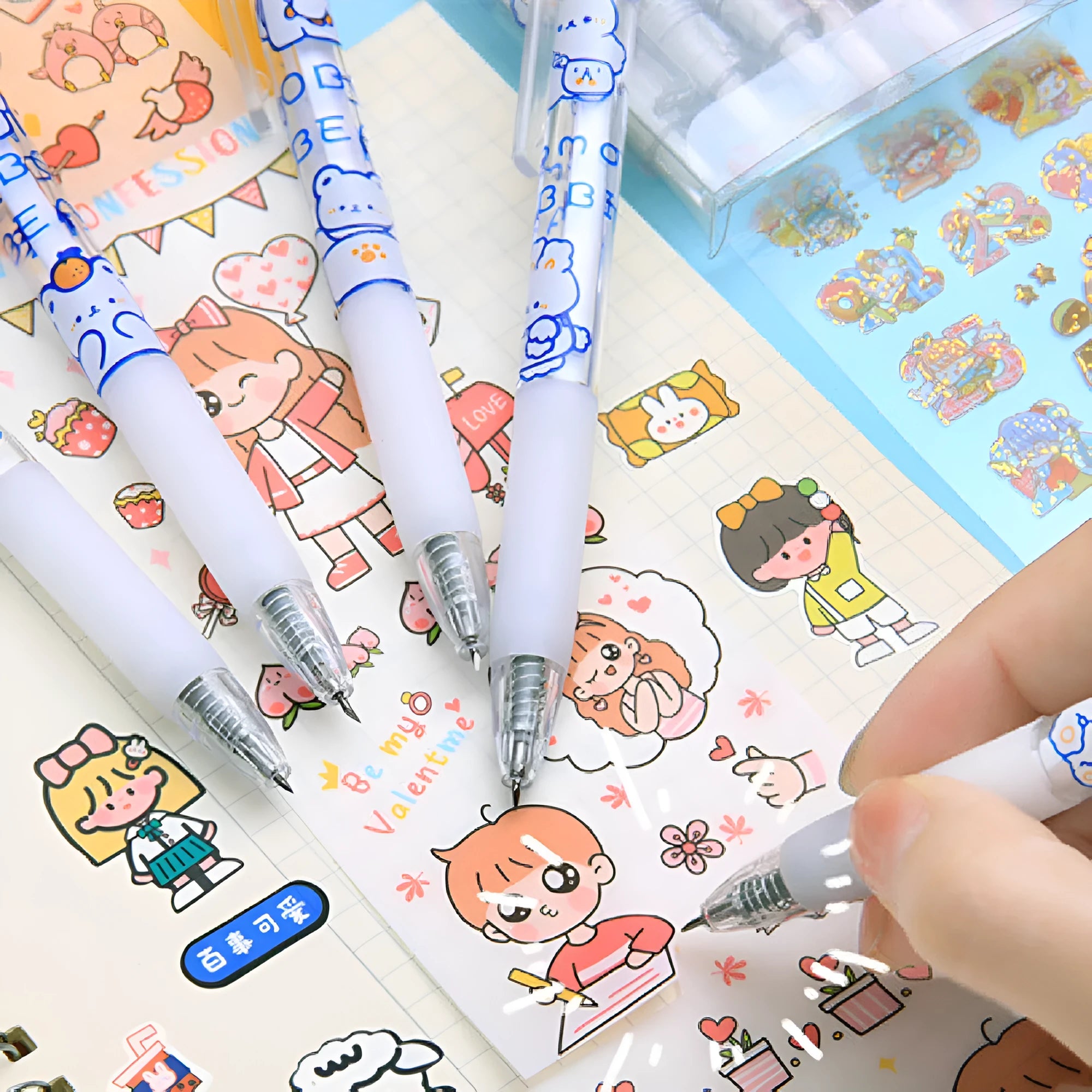 A pack of six colourful bear and rabbit character press pen knives on a white background.