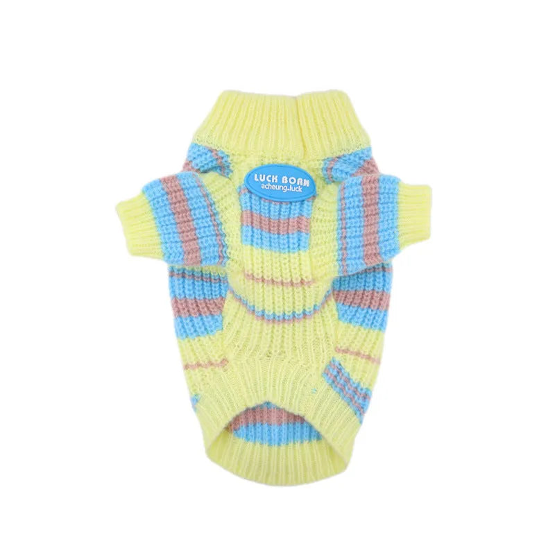 Blue and yellow striped wool blend dog sweater for small breeds in six sizes