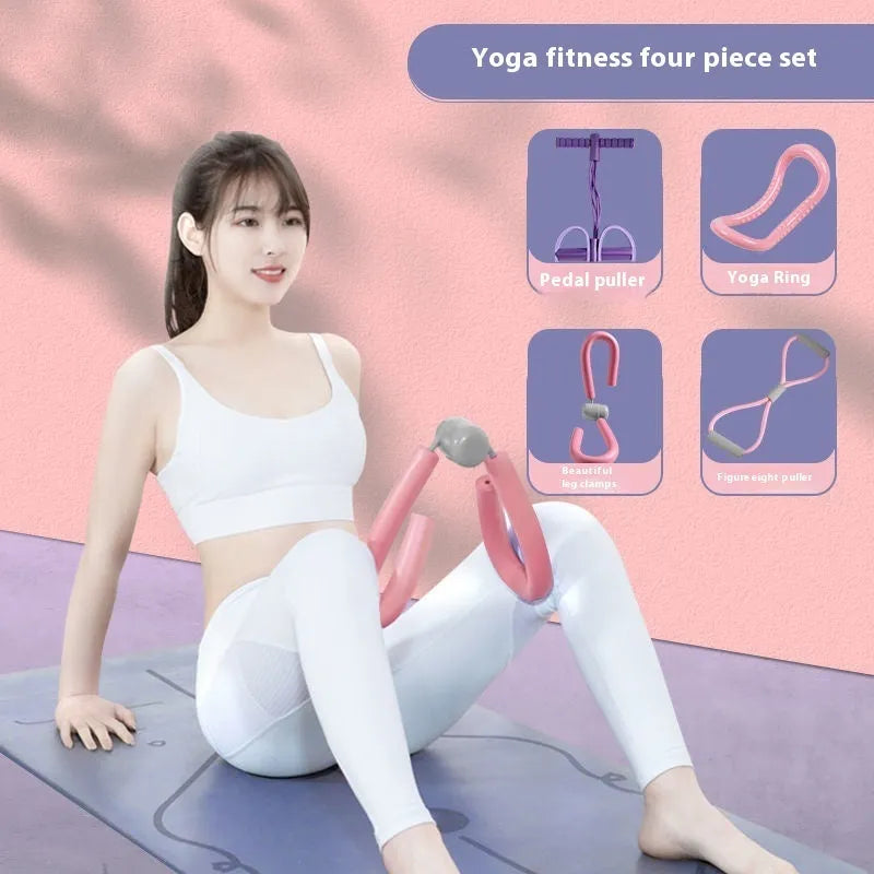 Yoga four piece fitness set with leg stretcher, pedal device, yoga ring, and tension rope.