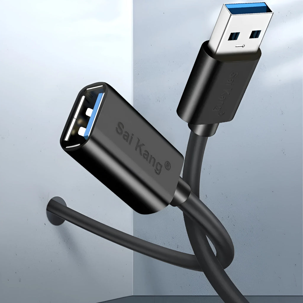 Black USB extension cable with male and female connectors showing different available lengths
