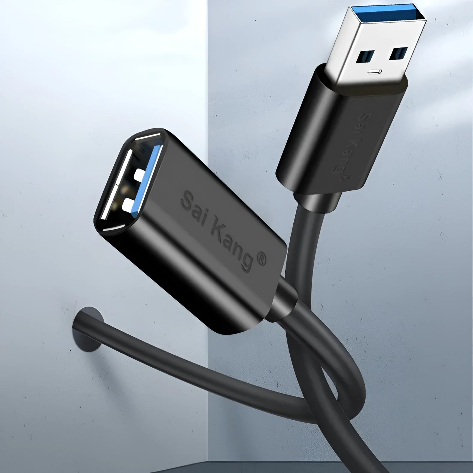 Black USB extension cable with male and female connectors showing different available lengths