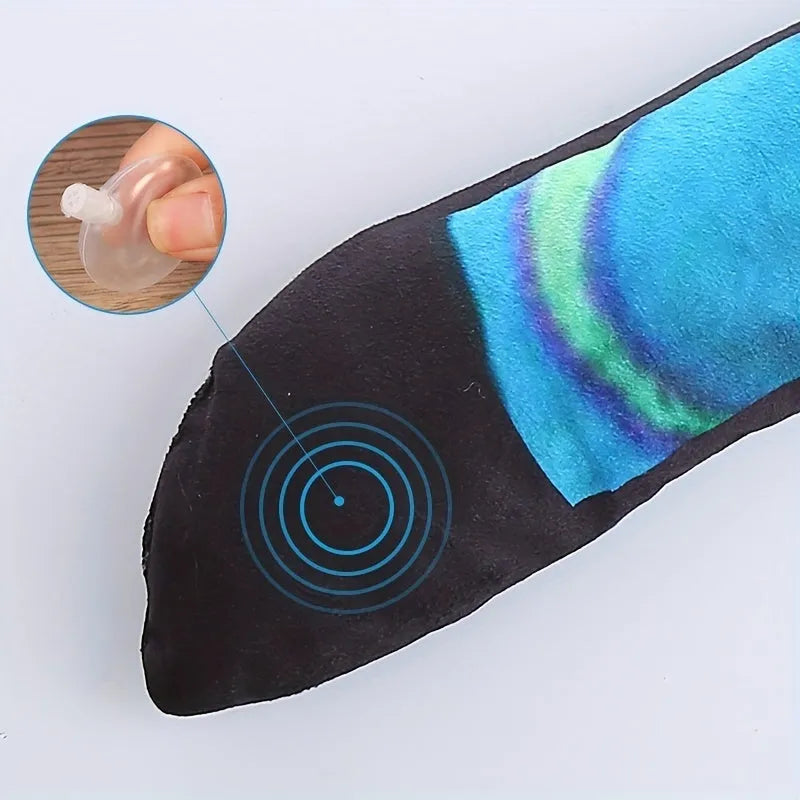 Multicolour stripe print snake plush dog squeaky toy on white background.