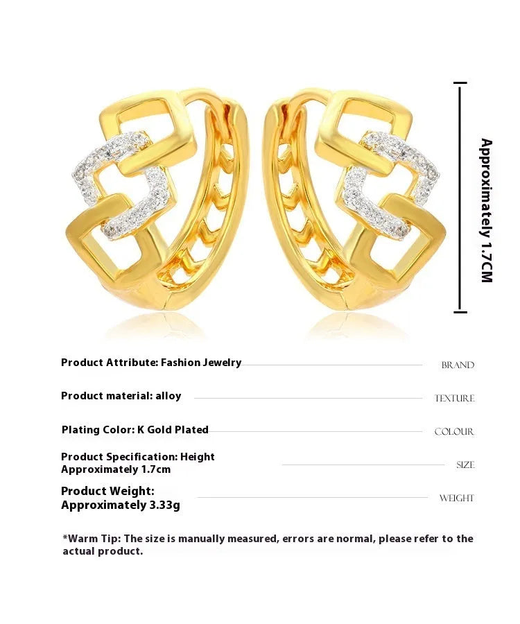 Gold geometric hollow-out earrings with electroplated finish and colour separation ear clip