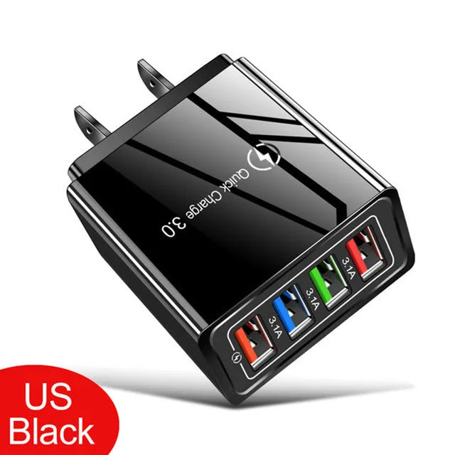 Intelligent 3A mobile phone charging head with luminous indicators showing four USB ports