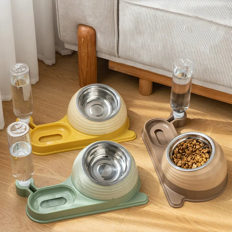 Brown automatic water dispenser cat bowl with raised food dish for cats and small dogs