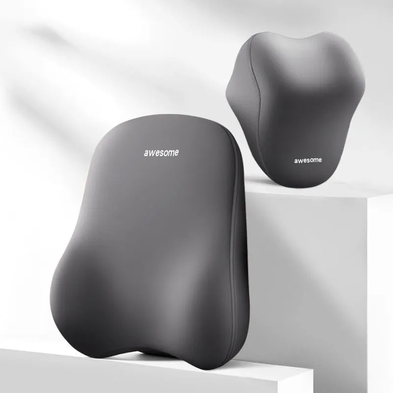 High-grade automotive headrest lumbar support pillow set in memory foam with polyester cover, Y-black colour option on a car seat
