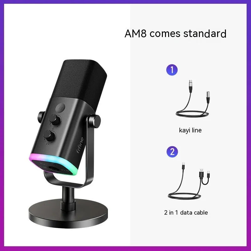 Black, pink, or white dynamic noise reduction microphone with XLR cable and base on a desk.