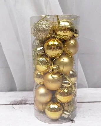 Set of 24 shiny and matte finish Christmas ball ornaments in assorted colours, each 3cm in diameter.